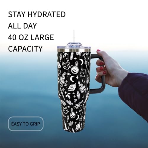 40oz Gothic Travel Tumbler with Handle & Straw - Halloween Gift, Black & Goth Variation