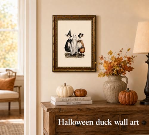 Halloween Ghost Duck Canvas Wall Art - Vintage Gold Frame, 9x11 in - Ducks and Ghost Variation