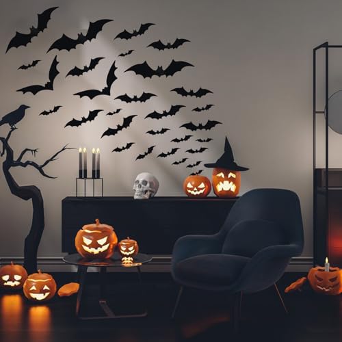M-170Pcs 3D Bat Wall Decor Set - Halloween Waterproof Wall Decorations