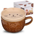 Cute Ceramic Cat Coffee Mug with Lid - Brown, Gift for Cat Lovers