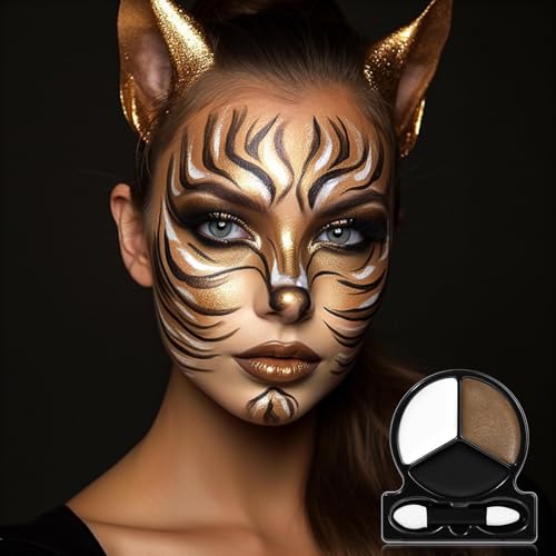 Jungle Cat Face & Body Paint Kit - Black White Metallic Brown Halloween Makeup with Applicator