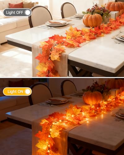 9.8FT Fall Garland with 60 LED Lights - Battery Operated Maple Leaves, 8 Modes Indoor Outdoor Decor