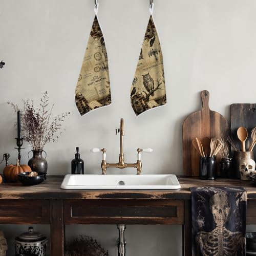 Vintage Halloween Kitchen Towels - Retro Gothic Skull Hand Towel Set