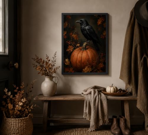 Framed Gothic Raven on Pumpkin Wall Art - Halloween Autumn Decor, 16x12 Inches