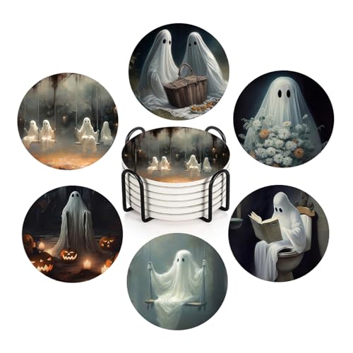 Halloween Ghost Coasters Set of 6 - Ceramic Drink Coasters with Cork Base & Metal Holder