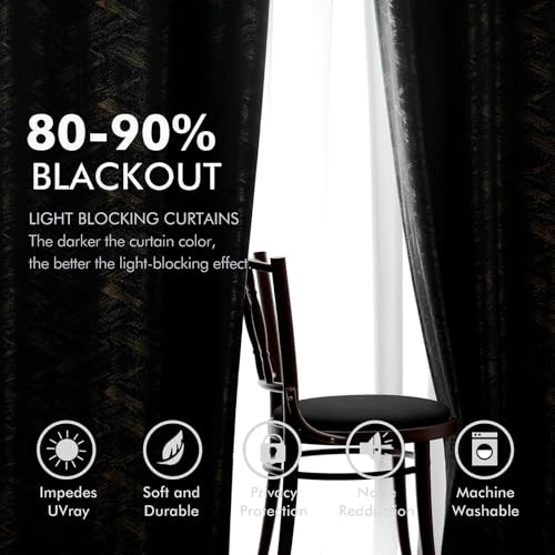 Black and Gold Velvet Curtains for Living Room - 52W x 96L, Pack of 2, Grommet Top