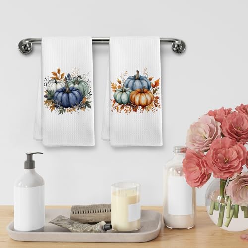 Fall Pumpkin Kitchen Towels & Dishcloths Set - Blue Pumpkin Variation, 16x24 Inches
