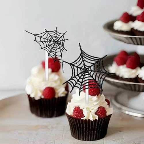 18pcs Black Glitter Halloween Cupcake Toppers for Spider Web Theme Party Decor