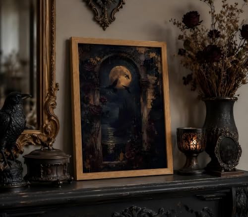 Dark Academia Moon Raven Gothic Canvas Wall Art - 16x12 Inches, Framed Night Scene for Bedroom or Gothic Home Decor