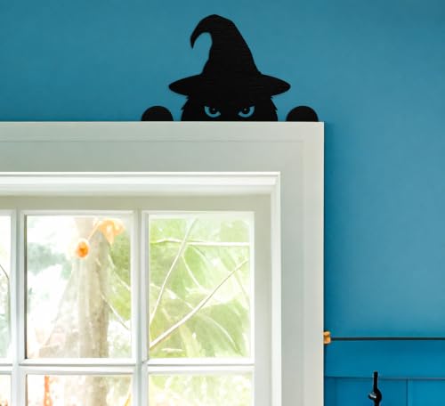 Peeking Black Cat Halloween Window Decoration - Witch Hat & Sign, Small Spooky Home Decor