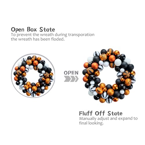 Halloween Wreath for Front Door - 18-Inch Artificial Ball Wreath Halloween Decor - Black, Gold, White Balls