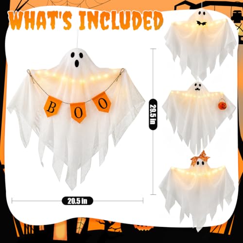 Lighted Hanging Ghost Decorations with Timer - Ghosts with Ornaments Halloween Set