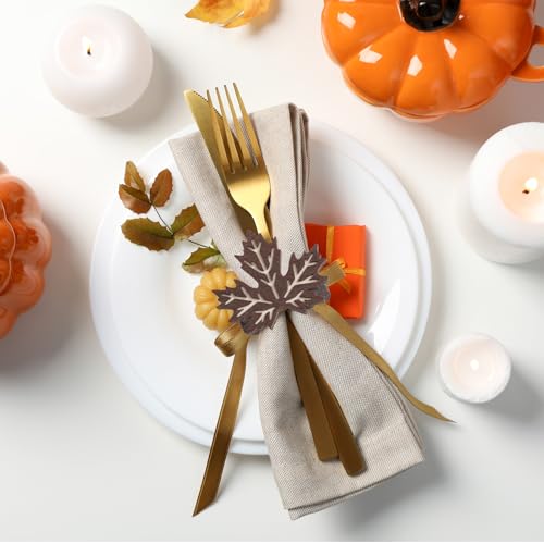 12 Pcs Wooden Fall Napkin Rings with Maple Leaf Design - Thanksgiving Table Decor