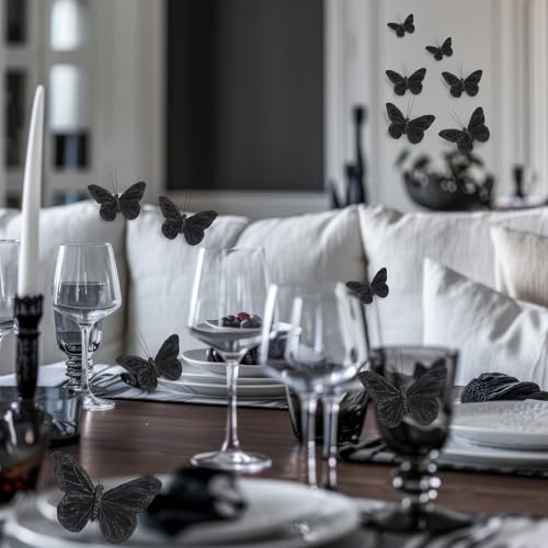 Black Feather Butterfly Wall Decor Set - 36 Monarch Decorations, 3 Sizes, Indoor & Outdoor Use (Variation: Black / 36)