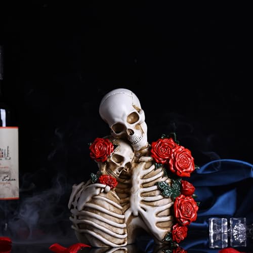 White Snuggling Gothic Skeleton Couple Resin Statue with Roses - Halloween Decor