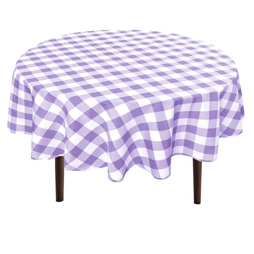 Waterproof Checkered Round Tablecloth 120 Inch - Purple & White, Spill-Proof