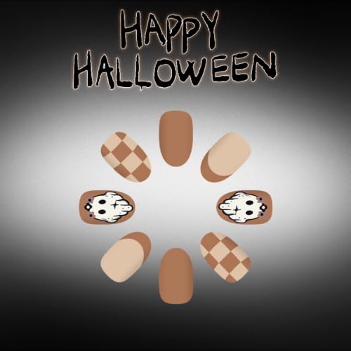 Halloween Press On Nails Short Oval Fake Nails with Ghost & Checkered Design - Brown, Reusable, 24Pcs - Variation: Color35