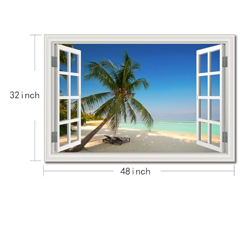 Large Tropical Beach Wall Art - 32x48 Inch Ocean Canvas Picture with Fake Window Frame Style, Coastal Seascape for Living Room & Bedroom - Blue Ocean Scene