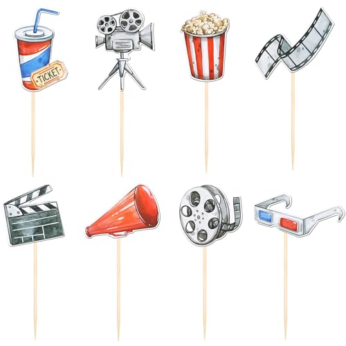 Movie Night Double Sided Cupcake Toppers - Design 5, Hollywood Party Decorations, 40 pcs