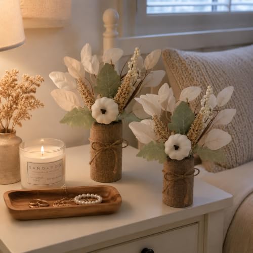 White Fall Centerpieces for Tables Set of 2 - Autumn Pumpkin Eucalyptus Decor