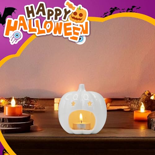 Ceramic White Pumpkin Candle Holder with Star Holes - Halloween Decor - Variation H01