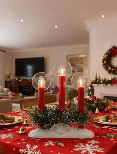 Red Plug-in Electric Window Candles 3-Light Flameless Christmas Candolier - Safe LED Lights