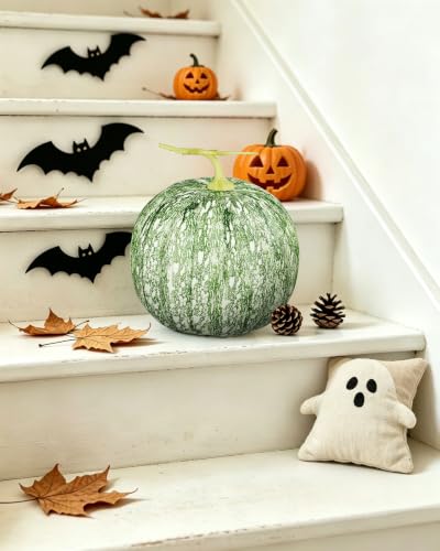 Round 9x9 Inch Artificial Pumpkin Fall Decor - Green Rustic Halloween Thanksgiving
