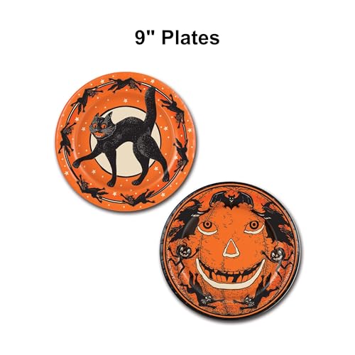 Vintage Halloween Party Plates - Black Cat & Pumpkin Design, 16 Pack, 9-Inch