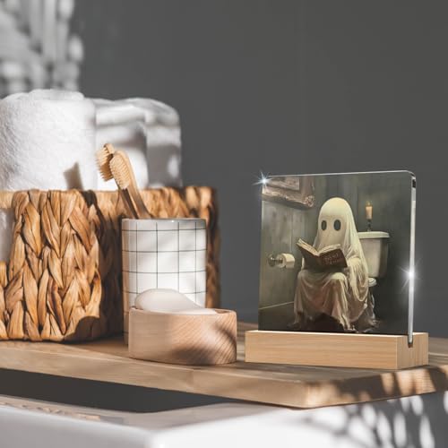 Halloween Ghost Decor Gift Acrylic Plaque with Wooden Stand for Home & Bathroom