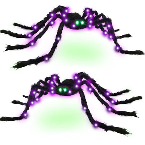 Halloween Spider Decorations Light Up Giant Spiders - 4ft, 2 Pack, Green Eyes - Variation of HalloweenC