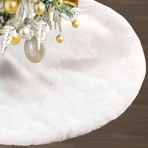 72 Inch White Faux Fur Christmas Tree Skirt - Large Holiday Holiday Decor