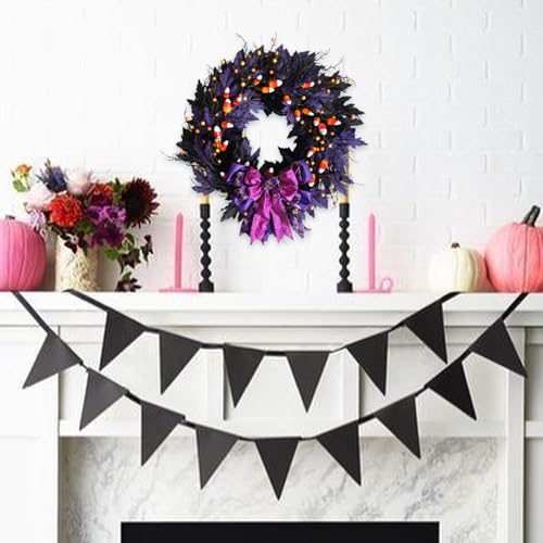 Halloween Door Wreath - 22 Inch Black & Purple Wreath with Witch Ornaments & Bow - Idyllic