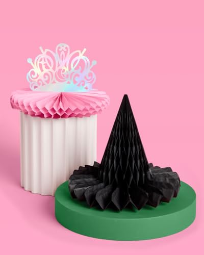 Small Witch Party Hanging Decor Set of 4 - Pink Tiaras & Black Hats, Iridescent Centerpieces
