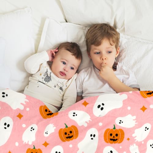 Halloween Fuzzy Flannel Throw Blanket 60x70 Inch Pink Ghost Pumpkin Design
