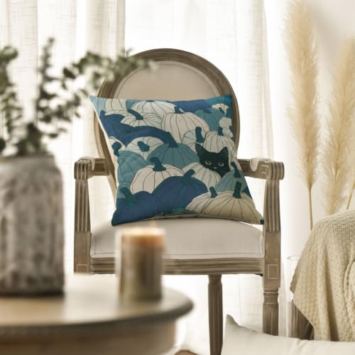Blue Fall Pumpkin Black Cat Throw Pillow Cover 18x18 Inch - Pack of 1