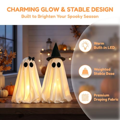 Light-Up Halloween Ghost Decorations Set - Spooky LED Tabletop Ornaments with Bow & Witch Hat, Indoor Mantel Decor, 2 Pack
