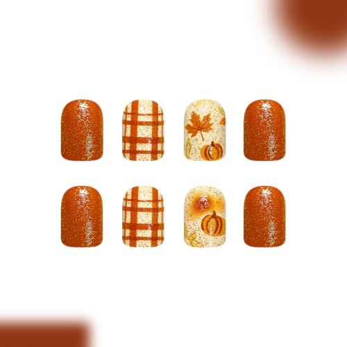 Fall Press on Nails Pumpkin Acrylic Nails Short Square Brown 26Halloween-Brown-1