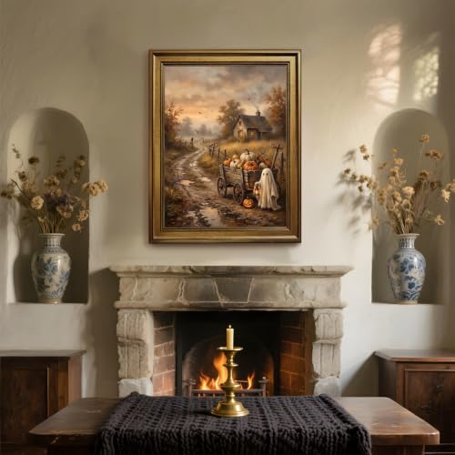 Vintage Halloween Wall Art Canvas Print with Gold Frame - Ghost Pumpkin Scene, 12x16 Inch - Style 1