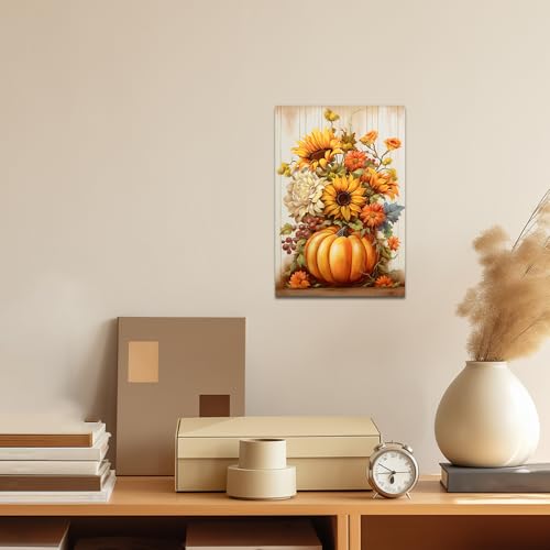 Fall Pumpkin Sunflower Canvas Wall Art - 12 x 18 Inches Thanksgiving Decor V2