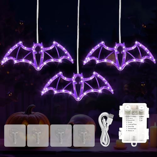 Halloween Hanging Window Lights - Purple Bat LED String Lights, 36 LEDs, USB & Battery Powered, with 6-Hour Timer - Variation: Purple / 36LED