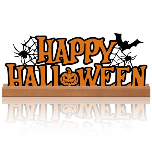 Halloween Metal Table Sign with Wooden Base - 13.78 Inch Halloween Decor - Happy Halloween Sign - Black Letters & Elegant Design - Holiday Centerpiece