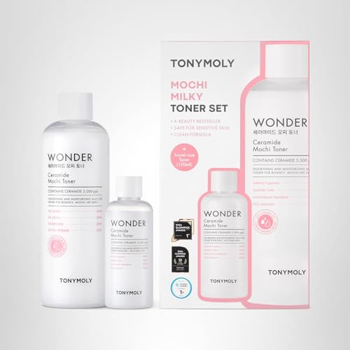TONYMOLY Mochi Milky Toner Set – Hydrating Korean Toner with Ceramide, CICA, Panthenol & Hyaluronic Acid – Strengthens Skin Barrier, Soothes & Moisturizes – 500ml + 100ml Travel Size Duo