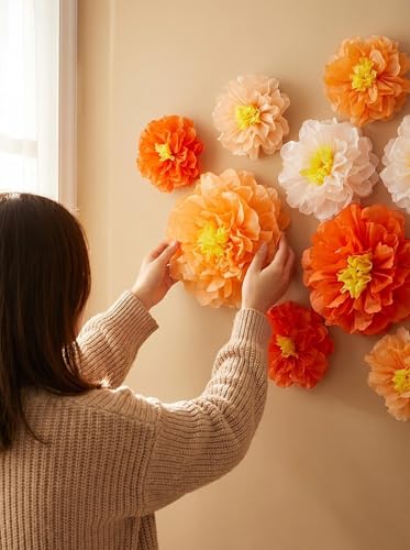 Orange Paper Flower Wall Decor - 20-Inch Large Fall & Party Decoration - Pack of 9 - Variation: Orange