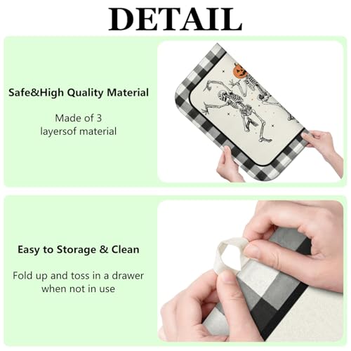 Halloween Skeleton Dish Drying Mat for Kitchen Counter, 16x18 Inches, Black & White Buffalo Plaid