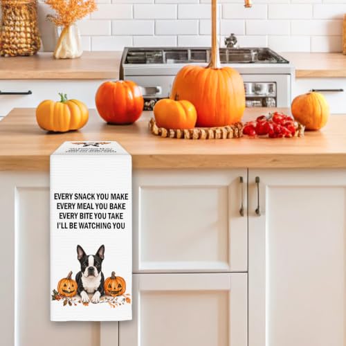 Boston Terrier Fall Dog Kitchen Towels - Pumpkin Dog Dish Decor - FIicy