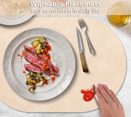 Oval Heat-Resistant Placemats Set of 12 - Waterproof & Washable Beige