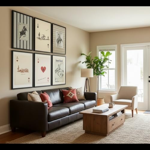 Western Cowboy Wall Art Set - 6 Vintage Canvas Posters 12x16 Inches with Variation Cowboy Playing Cards