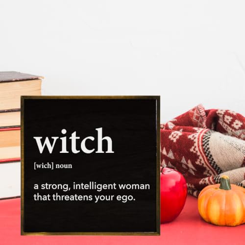 Witch Definition Halloween Wooden Decor Sign for Table Shelf - Black, 5x5 Inches - Variation: Witch
