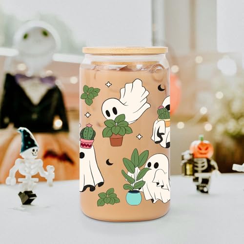 16 oz Glass Coffee Cup with Lid & Straw - Ghost Plant Design, Spooky Halloween Gift