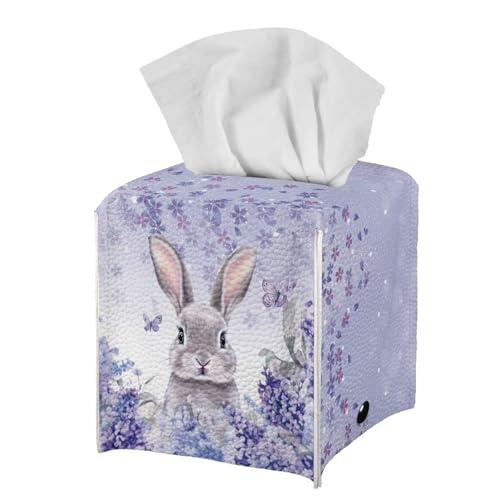Doginthehole Easter Bunny Tissue Box Cover - Purple Floral, Square PU Leather Dispenser
